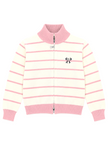 Pink striped bow zip-up women's sweater by Purple Imli – product shot