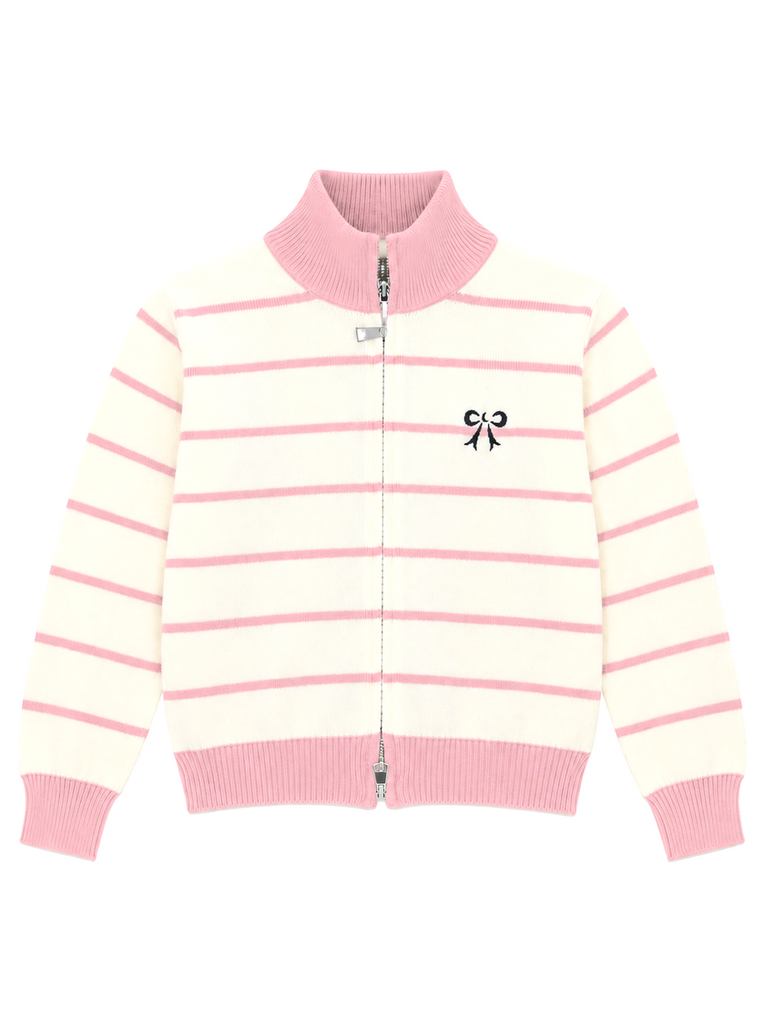 Pink striped bow zip-up women's sweater by Purple Imli – product shot