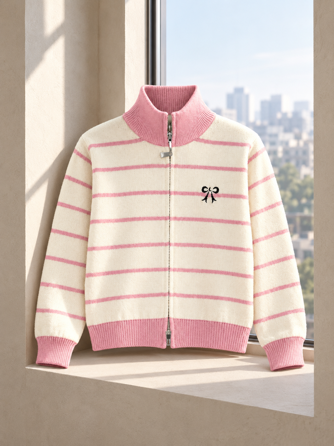 Close-up detail of pink striped bow zip-up women's sweater by Purple Imli