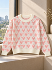 Close-up detail of pink heart jacquard women's sweater by Purple Imli