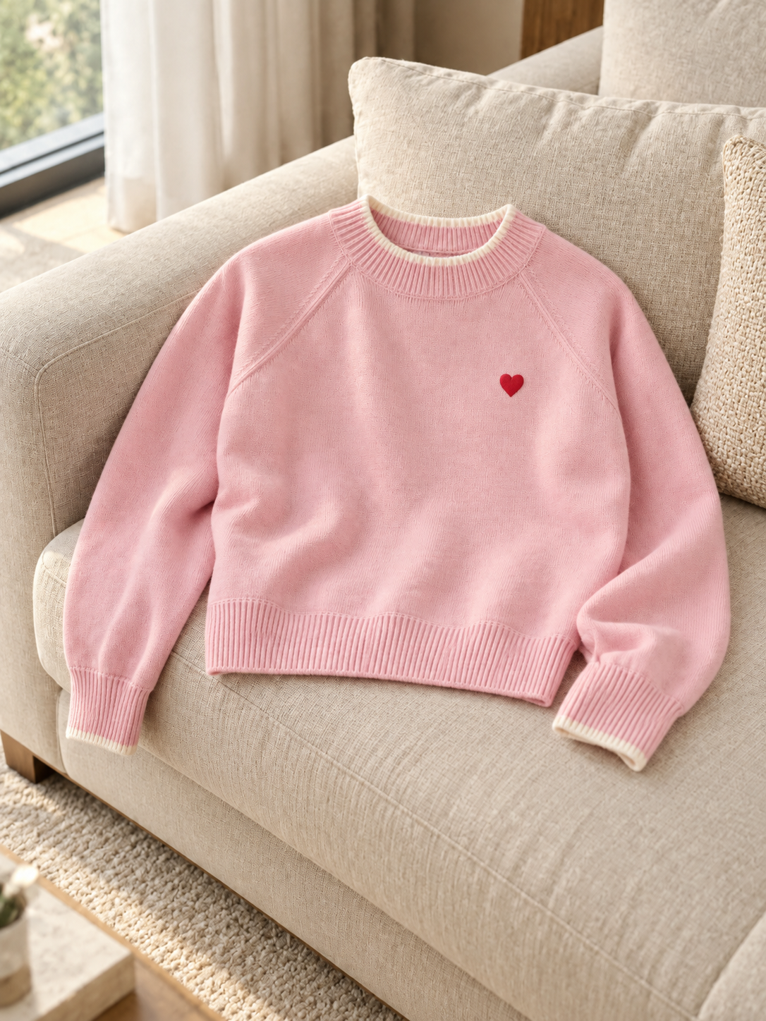 Close-up detail of pink little heart crew-neck women's sweater by Purple Imli