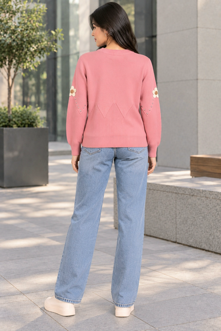 Pink daisy and pearl women's sweater by Purple Imli – back view