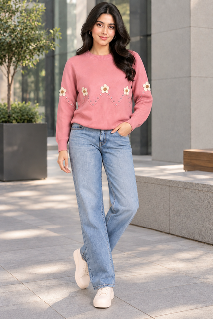 Pink daisy and pearl women's sweater by Purple Imli – front view