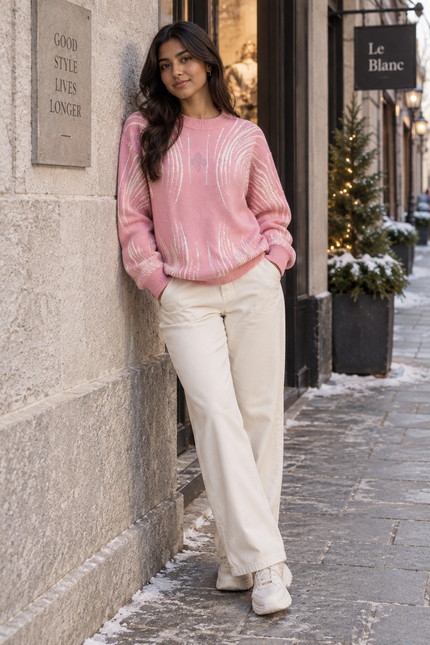 Pink brushstroke rhinestone women's sweater by Purple Imli – front view