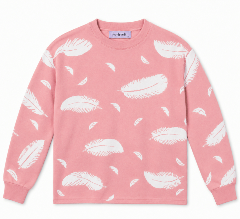 Pink feather print women's sweater by Purple Imli – product shot