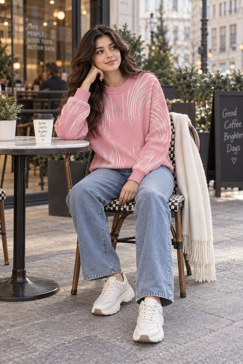 Woman wearing pink brushstroke rhinestone sweater by Purple Imli in a city street look