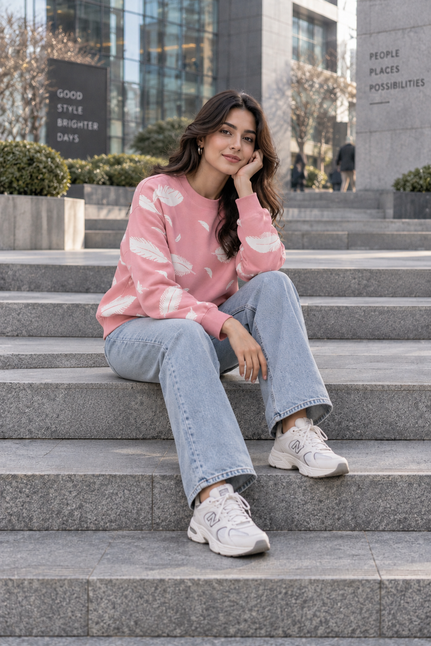 Woman wearing pink feather print sweater by Purple Imli in a city street look