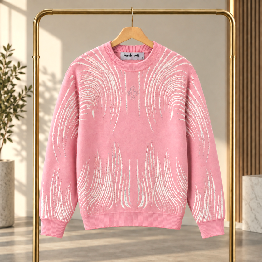 Close-up detail of pink brushstroke rhinestone women's sweater by Purple Imli