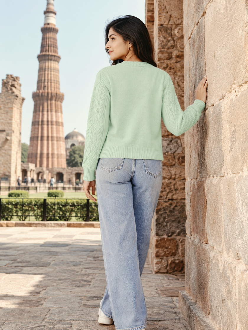 Pista green cable knit V-neck women's cardigan by Purple Imli – back view