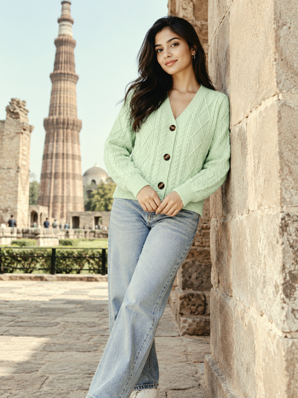 Pista green cable knit V-neck women's cardigan by Purple Imli – front view