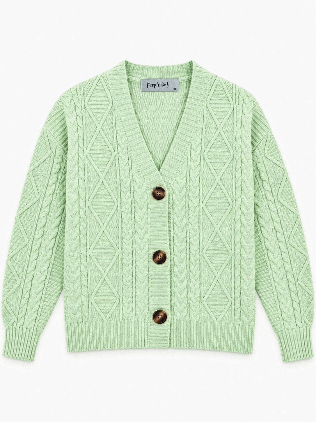 Pista green cable knit V-neck women's cardigan by Purple Imli – product shot