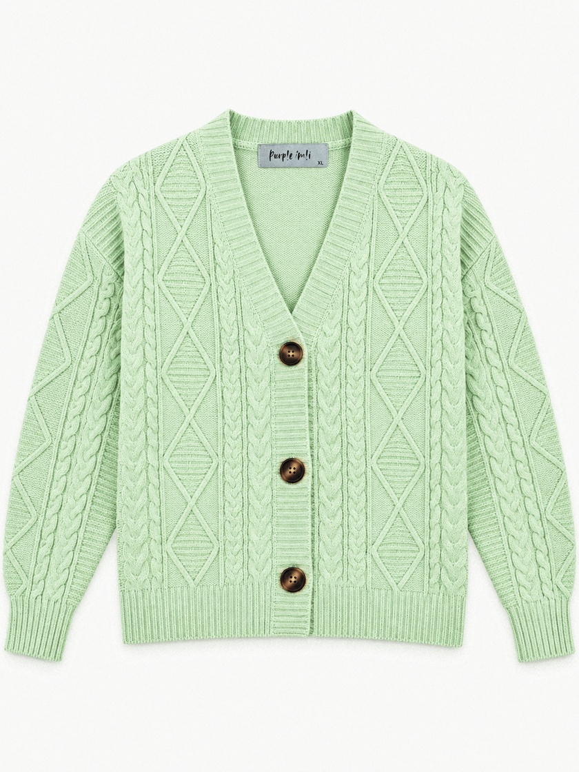 Pista green cable knit V-neck women's cardigan by Purple Imli – product shot