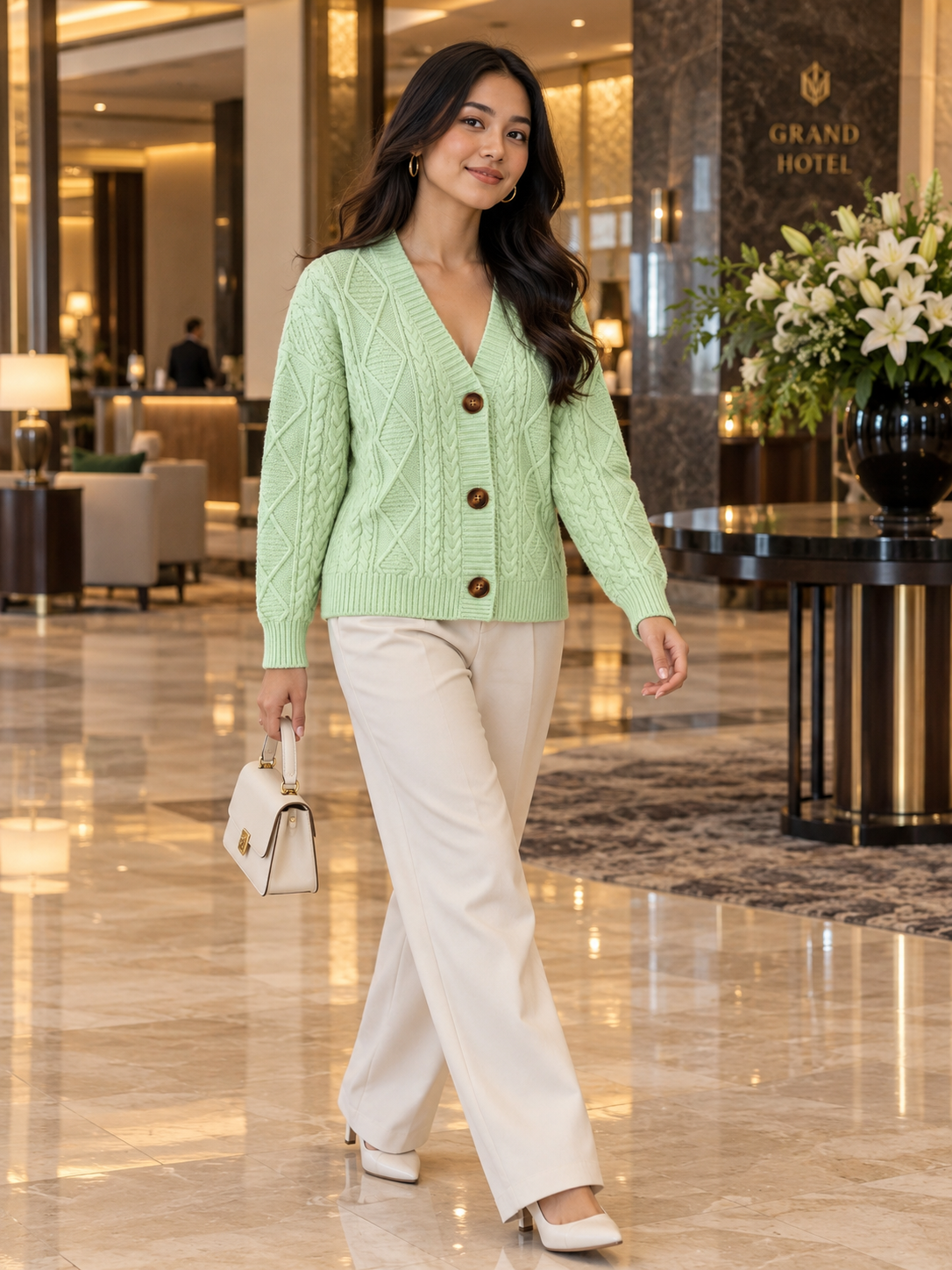 Woman wearing pista green cable knit V-neck cardigan by Purple Imli in a city street look