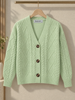 Close-up detail of pista green cable knit V-neck women's cardigan by Purple Imli