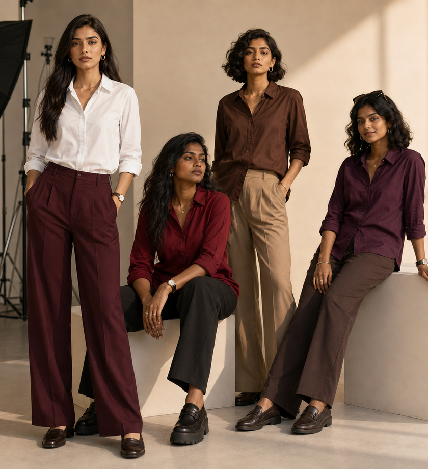 Four women modeling button-up shirts and trousers. The outfits include white, burgundy, brown, and plum tones by Purpel Imli with dark pants and loafers.