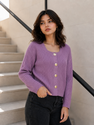 Purple gold button ribbed women's cardigan by Purple Imli – front view