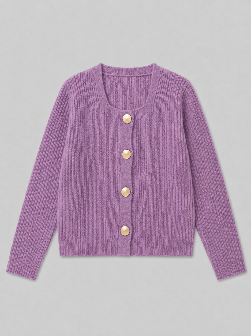 Purple gold button ribbed women's cardigan by Purple Imli – product shot