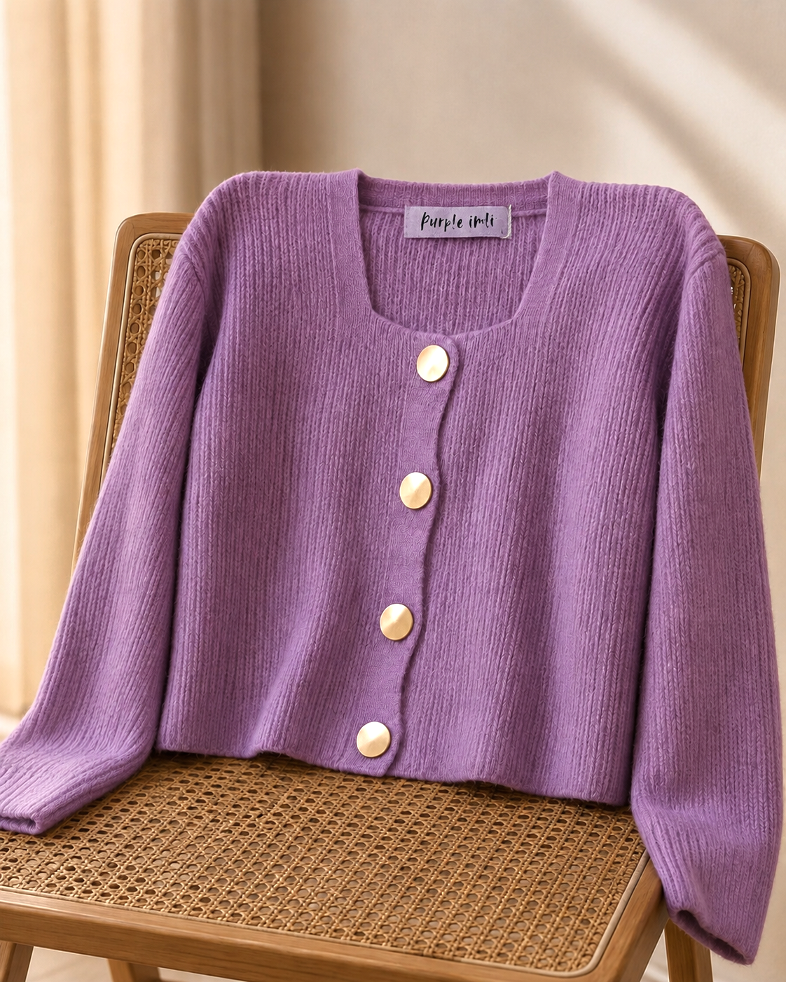 Close-up detail of purple gold button ribbed women's cardigan by Purple Imli