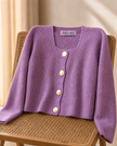 Close-up detail of purple gold button ribbed women's cardigan by Purple Imli