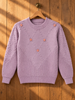 Close-up detail of lavender bobble knit flower women's sweater by Purple Imli