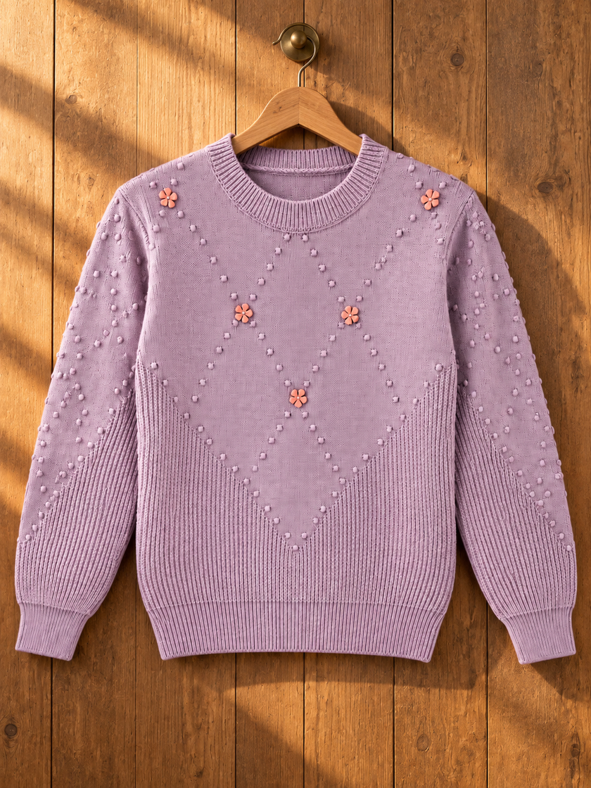 Close-up detail of lavender bobble knit flower women's sweater by Purple Imli