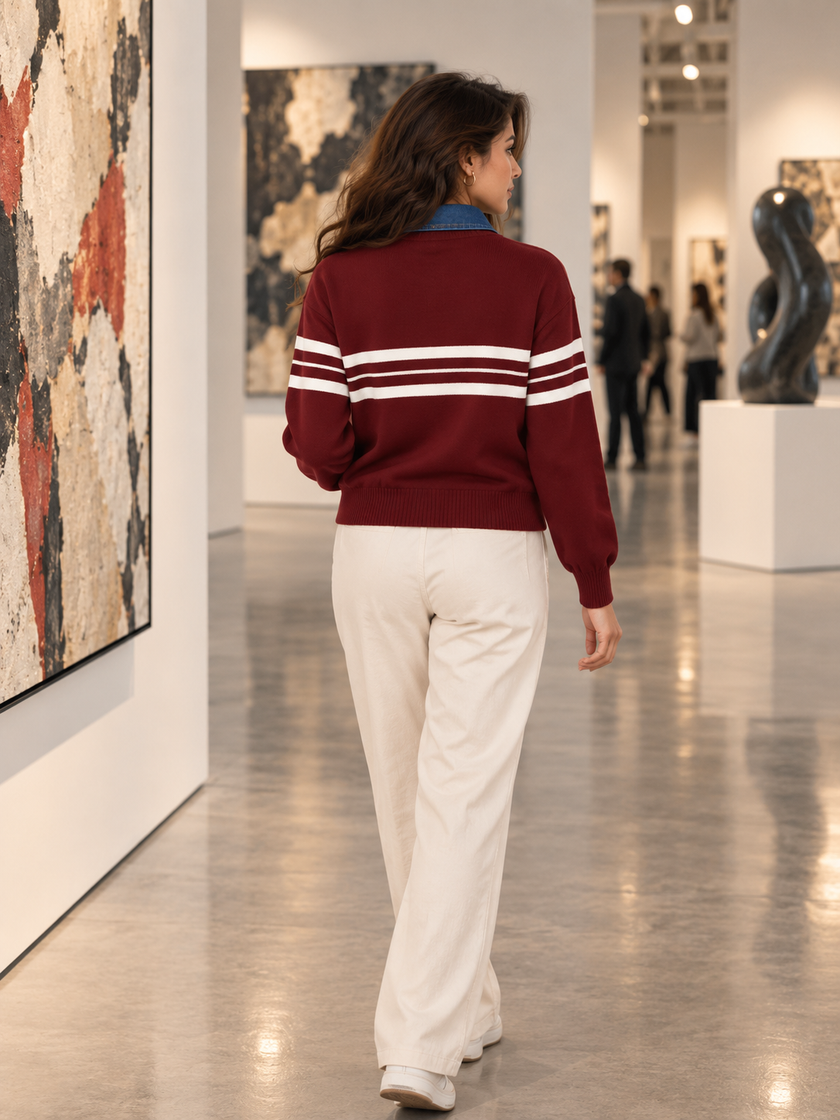 Maroon denim collar striped women's sweater by Purple Imli – back view