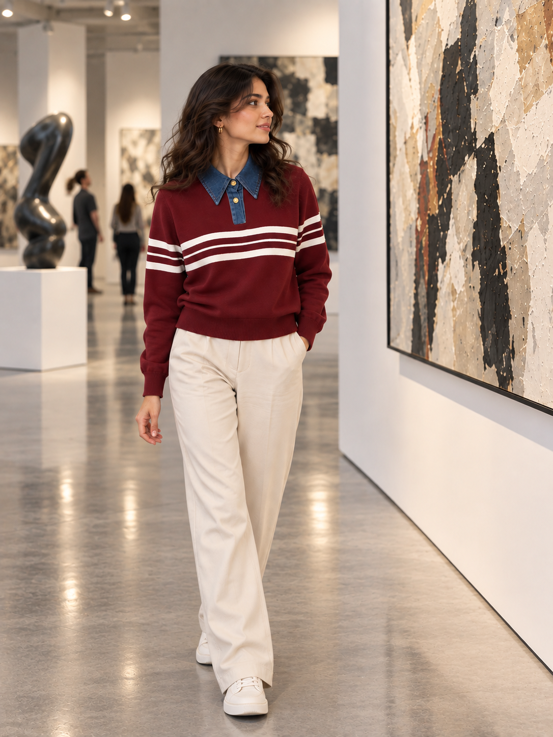Maroon denim collar striped women's sweater by Purple Imli – front view