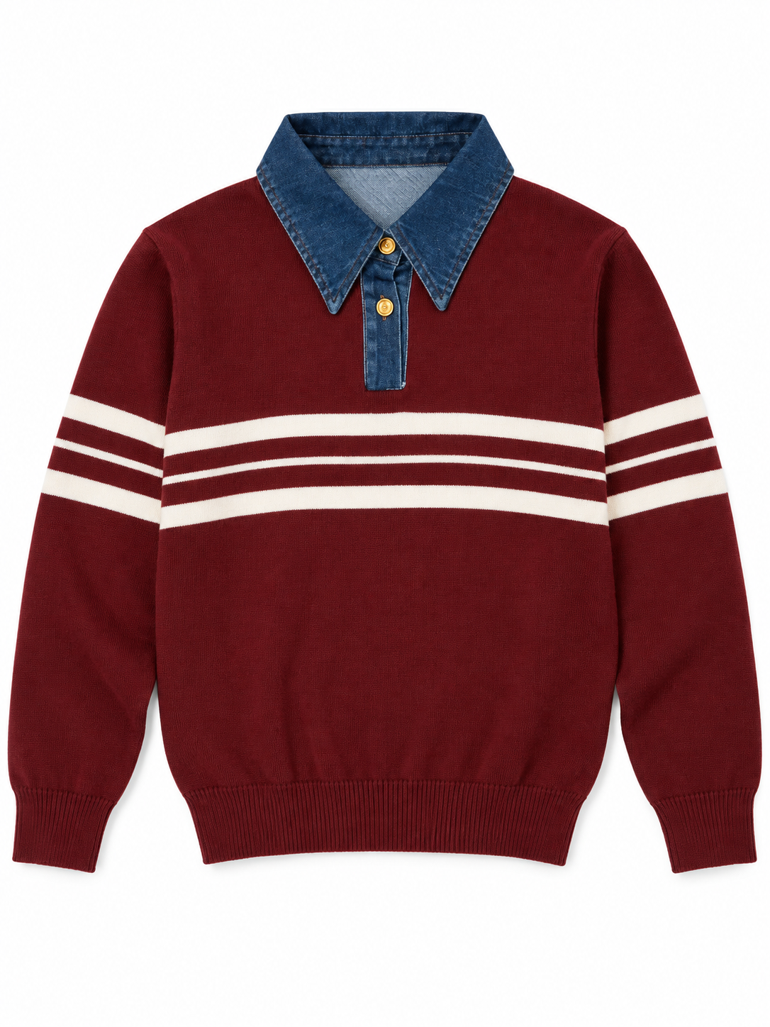 Maroon denim collar striped women's sweater by Purple Imli – product shot