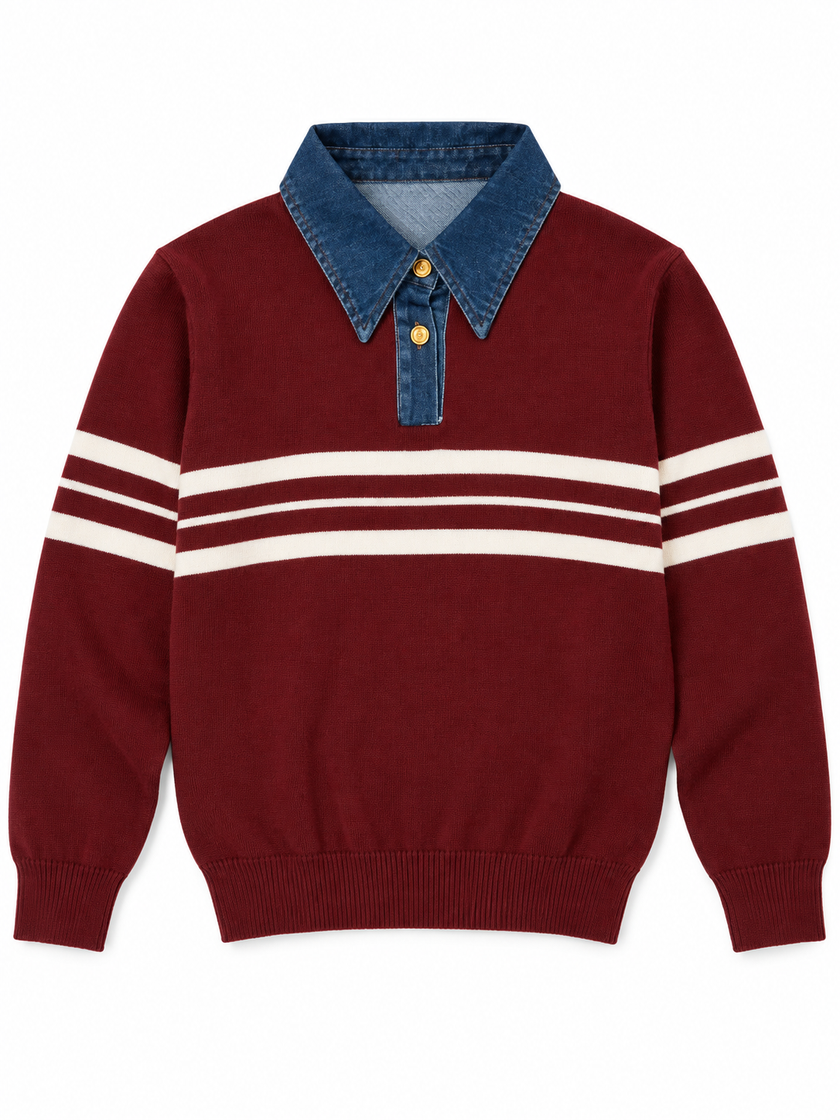 Maroon denim collar striped women's sweater by Purple Imli – product shot