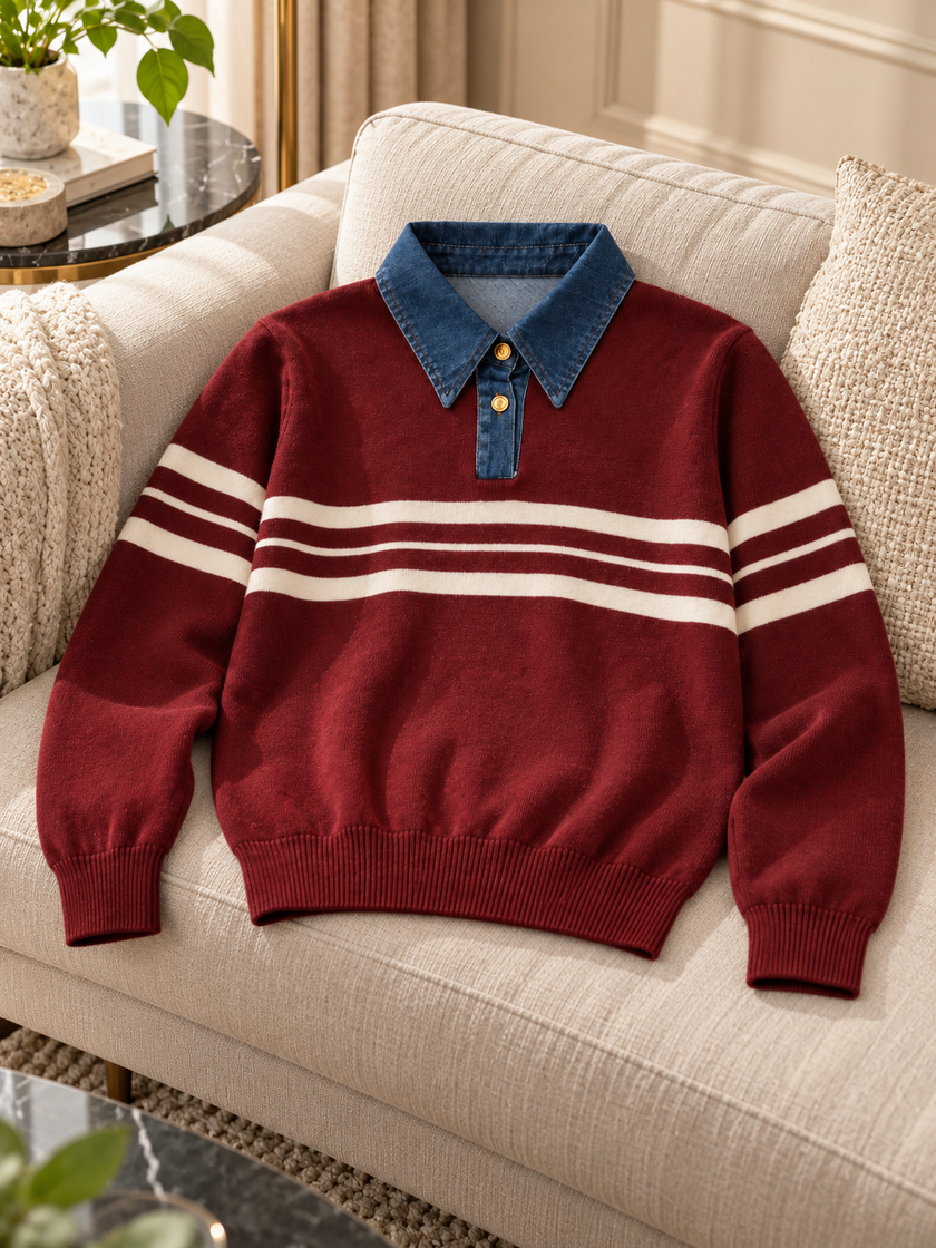 Close-up detail of maroon denim collar striped women's sweater by Purple Imli
