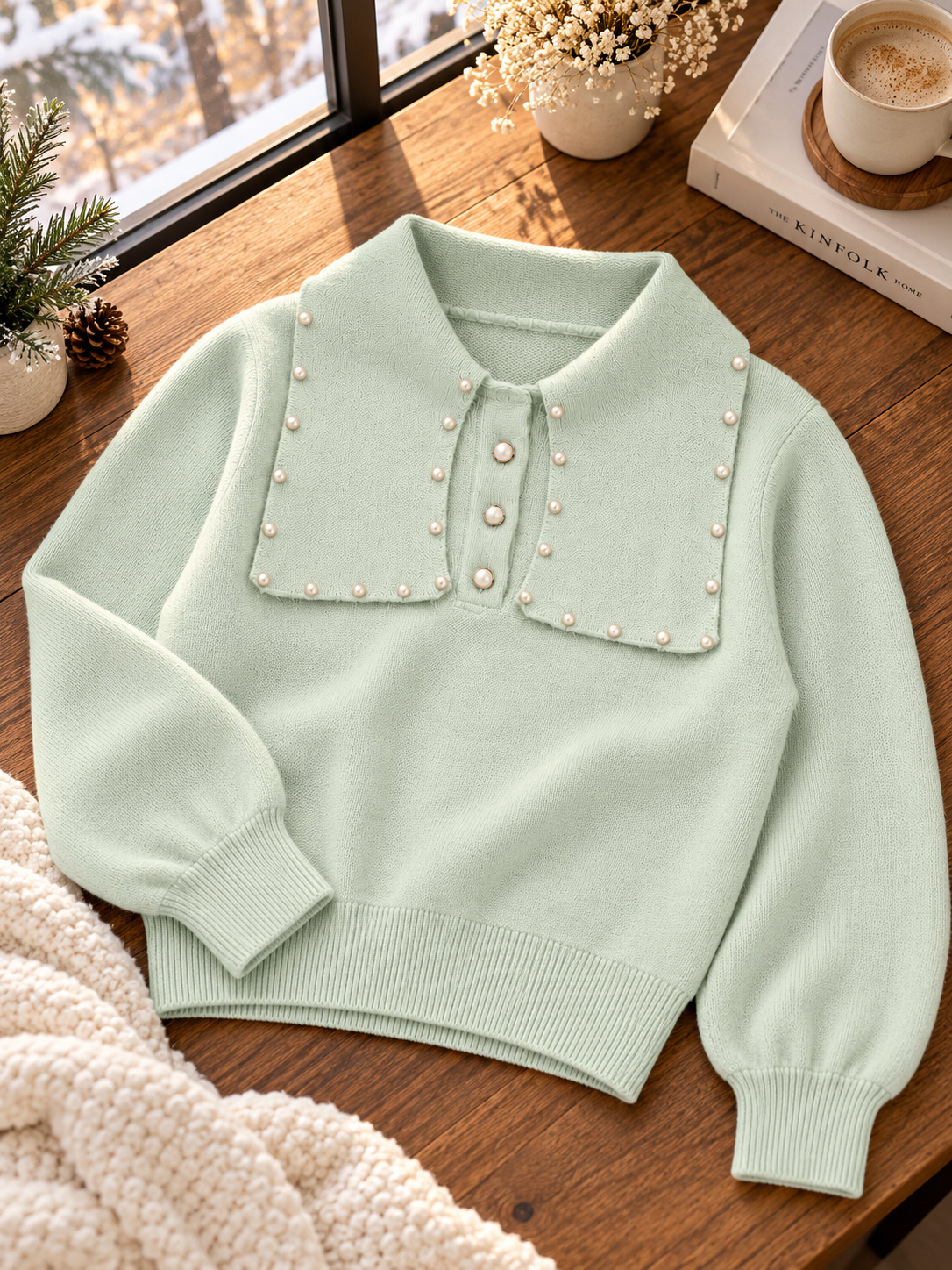 Close-up detail of tea green pearl bib collar women's sweater by Purple Imli