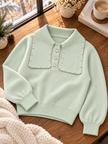 Close-up detail of tea green pearl bib collar women's sweater by Purple Imli