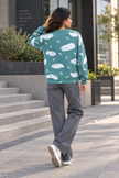Teal green feather print women's sweater by Purple Imli – back view