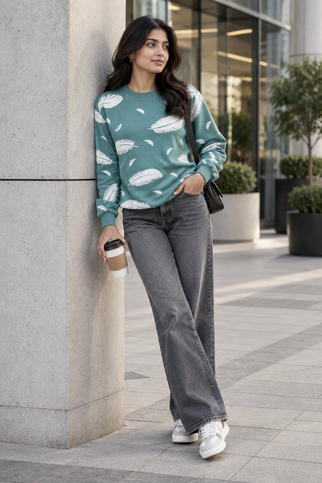 Teal green feather print women's sweater by Purple Imli – front view