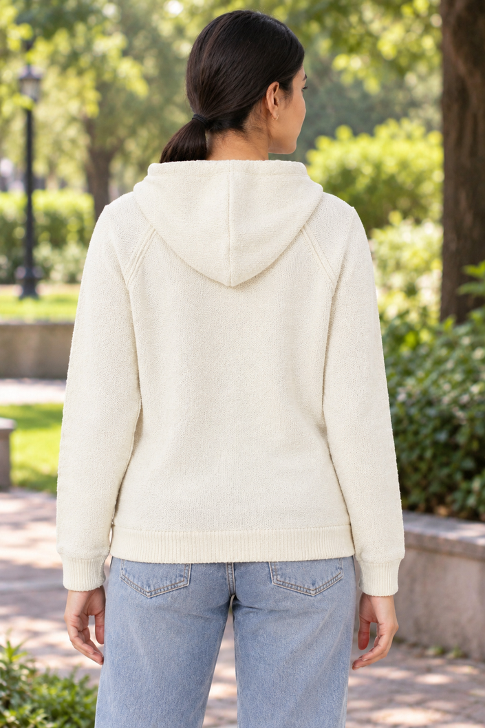 White knit zip-up women's hoodie by Purple Imli – back view