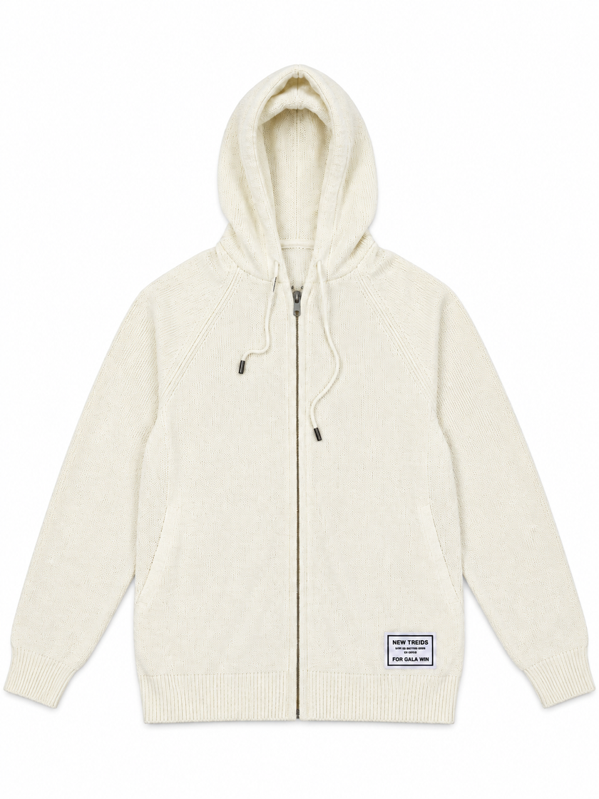 White knit zip-up women's hoodie by Purple Imli – product shot