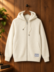Close-up detail of white knit zip-up women's hoodie by Purple Imli