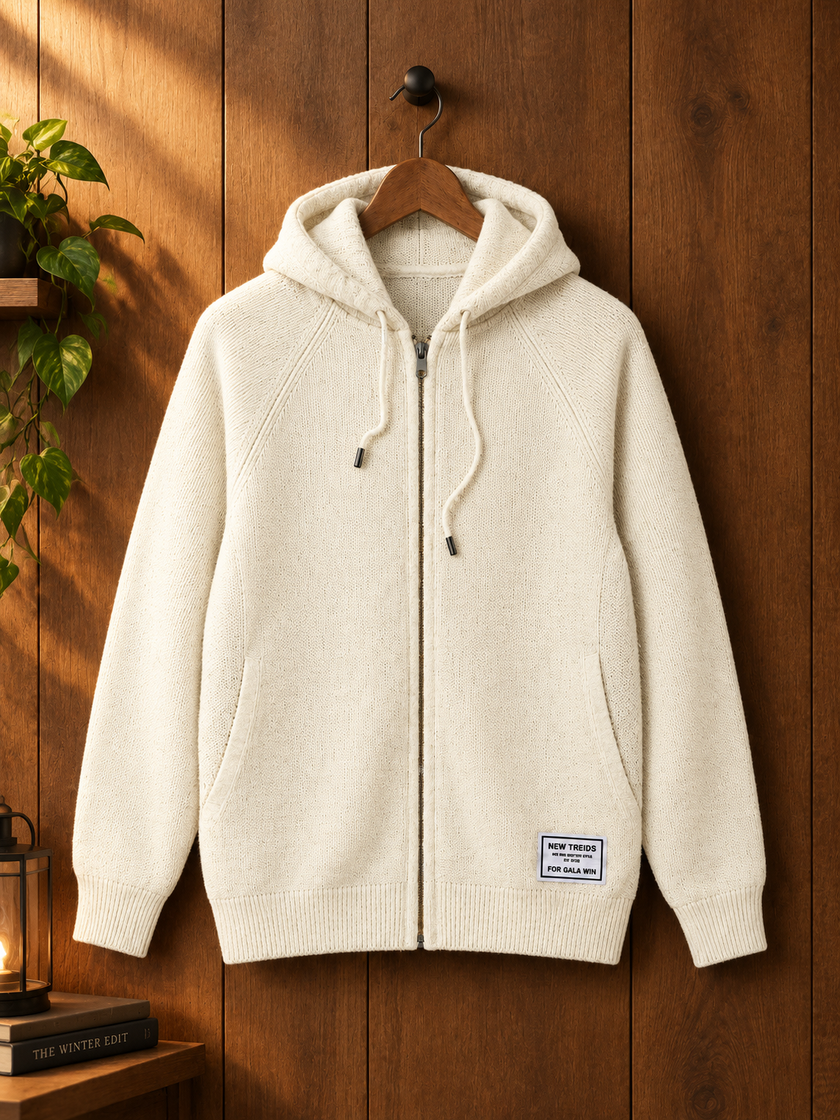 Close-up detail of white knit zip-up women's hoodie by Purple Imli