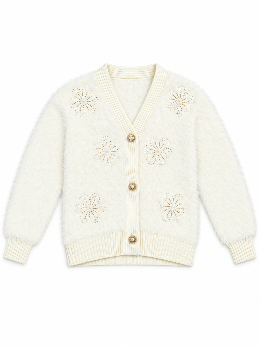 White fuzzy pearl flower V-neck women's cardigan by Purple Imli – product shot