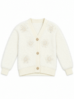 White fuzzy pearl flower V-neck women's cardigan by Purple Imli – product shot