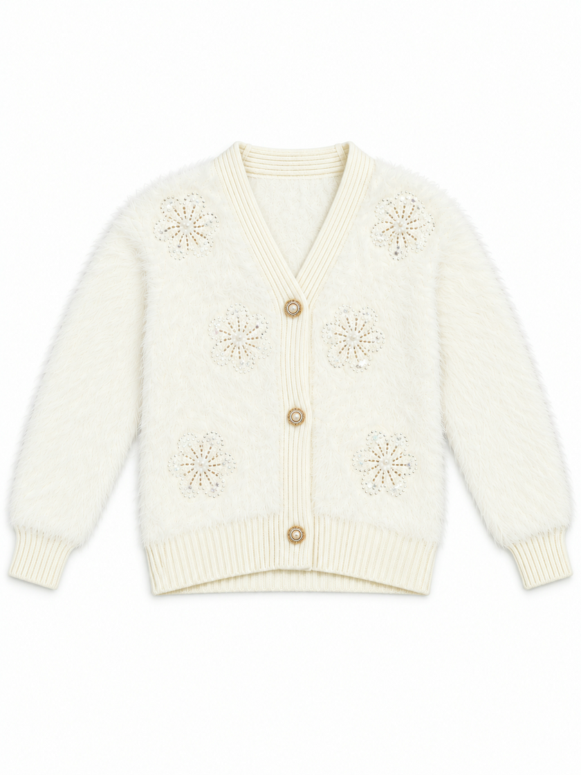 White fuzzy pearl flower V-neck women's cardigan by Purple Imli – product shot