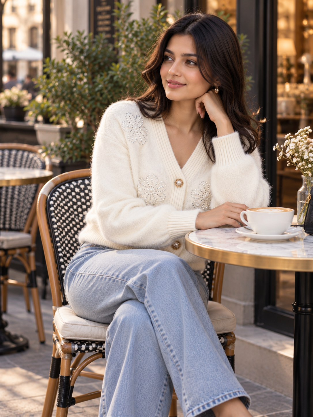 Woman wearing white fuzzy pearl flower V-neck cardigan by Purple Imli in a city street look