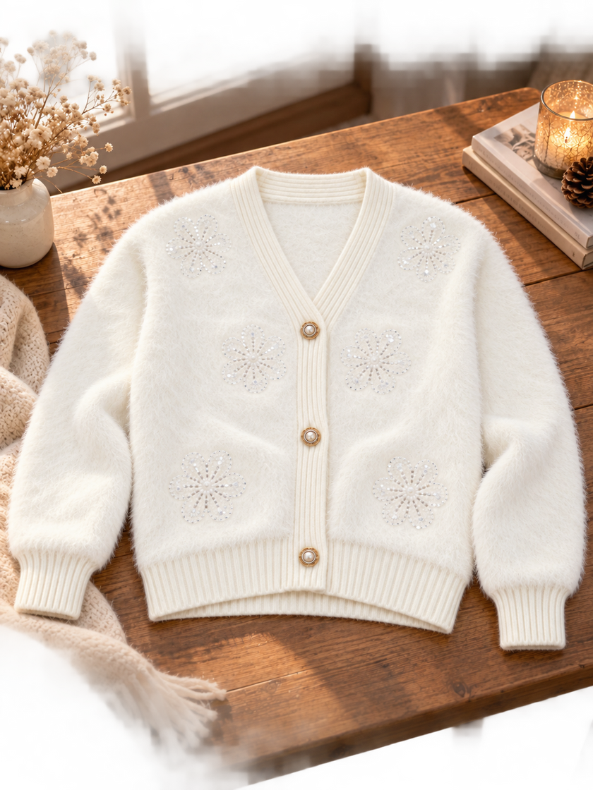Close-up detail of white fuzzy pearl flower V-neck women's cardigan by Purple Imli