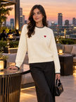 Cream little heart crew-neck women's sweater by Purple Imli – front view
