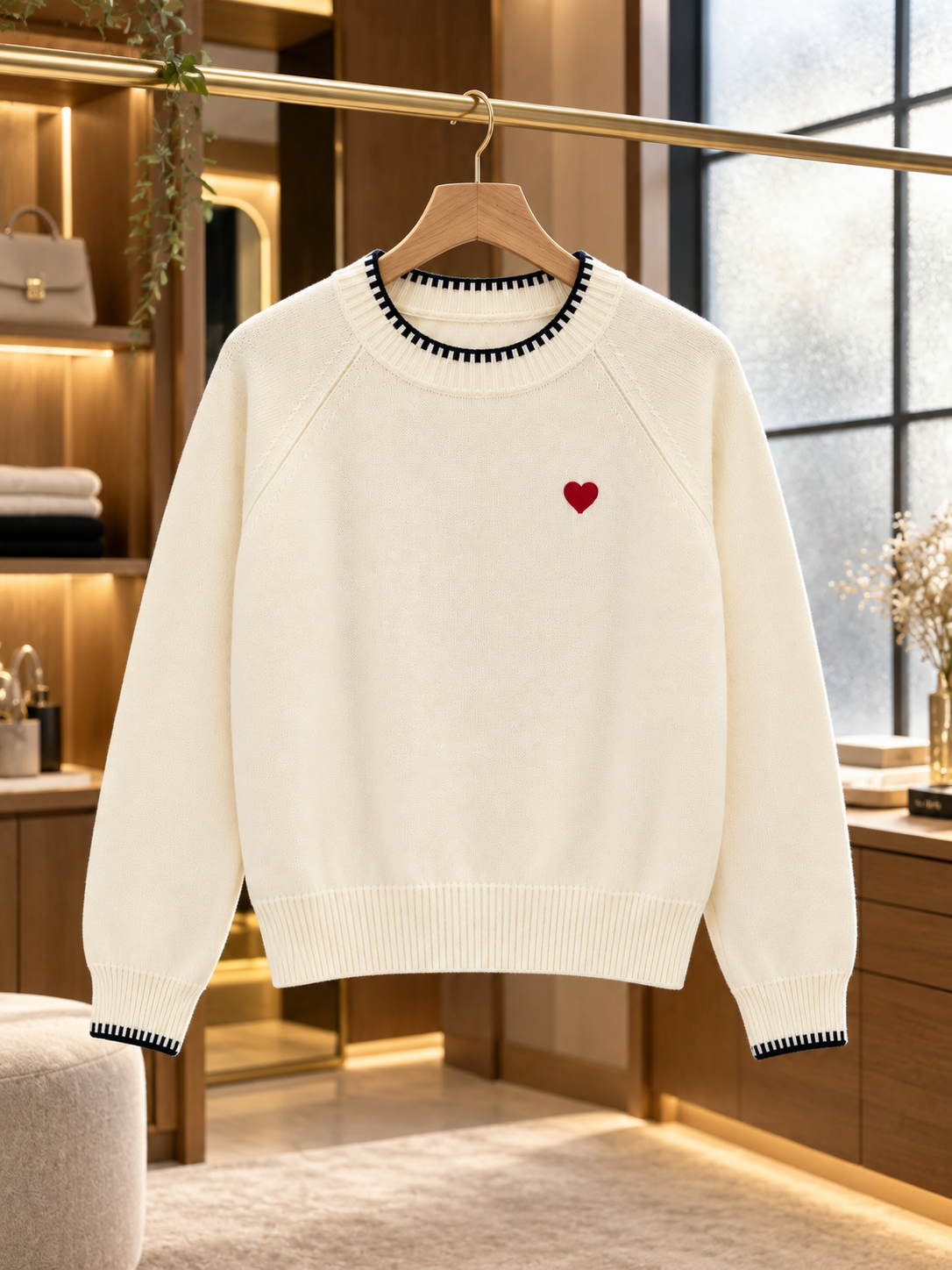 Close-up detail of cream little heart crew-neck women's sweater by Purple Imli