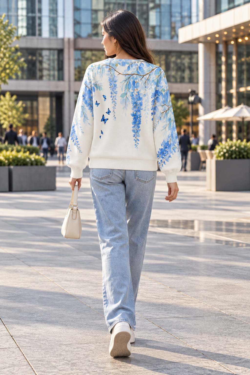 White & Blue wisteria butterfly women's sweater by Purple Imli – back view