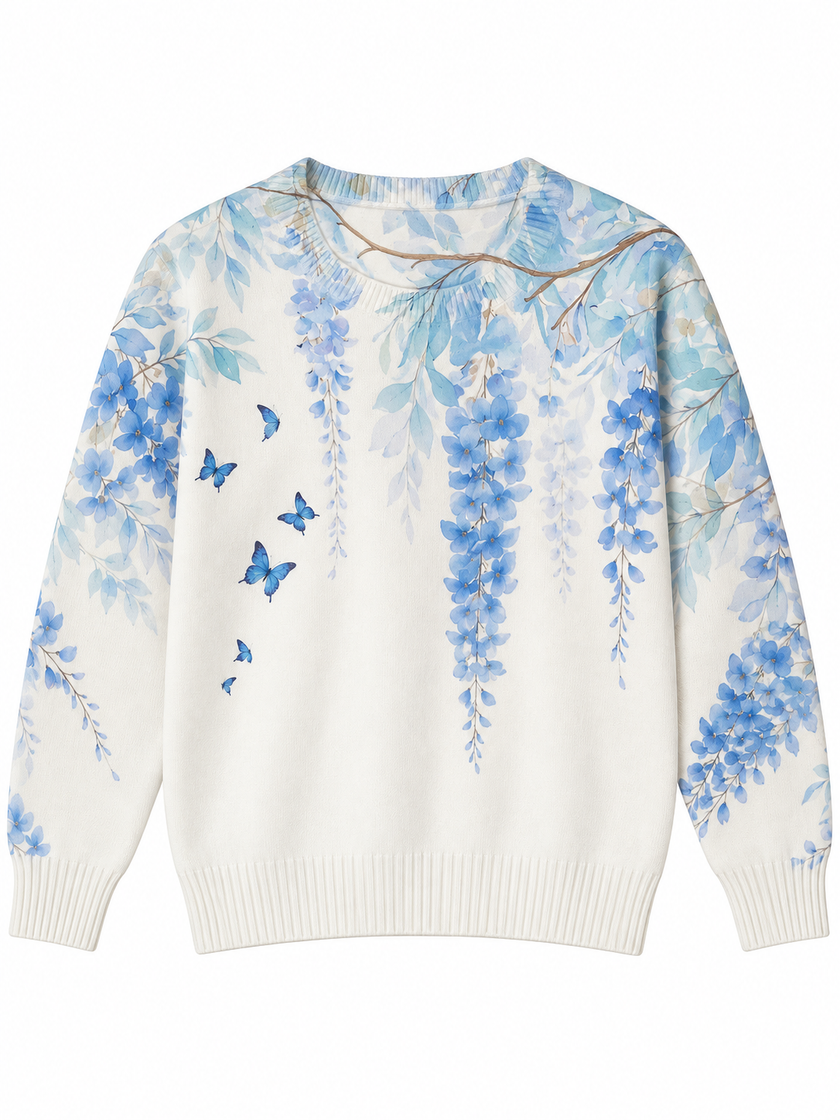 White & Blue wisteria butterfly women's sweater by Purple Imli – product shot