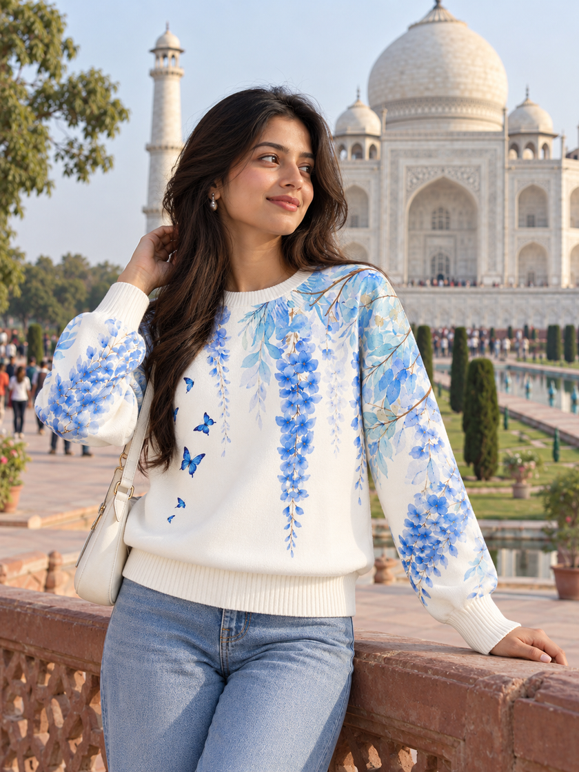 Woman wearing white & blue wisteria butterfly sweater by Purple Imli in a city street look