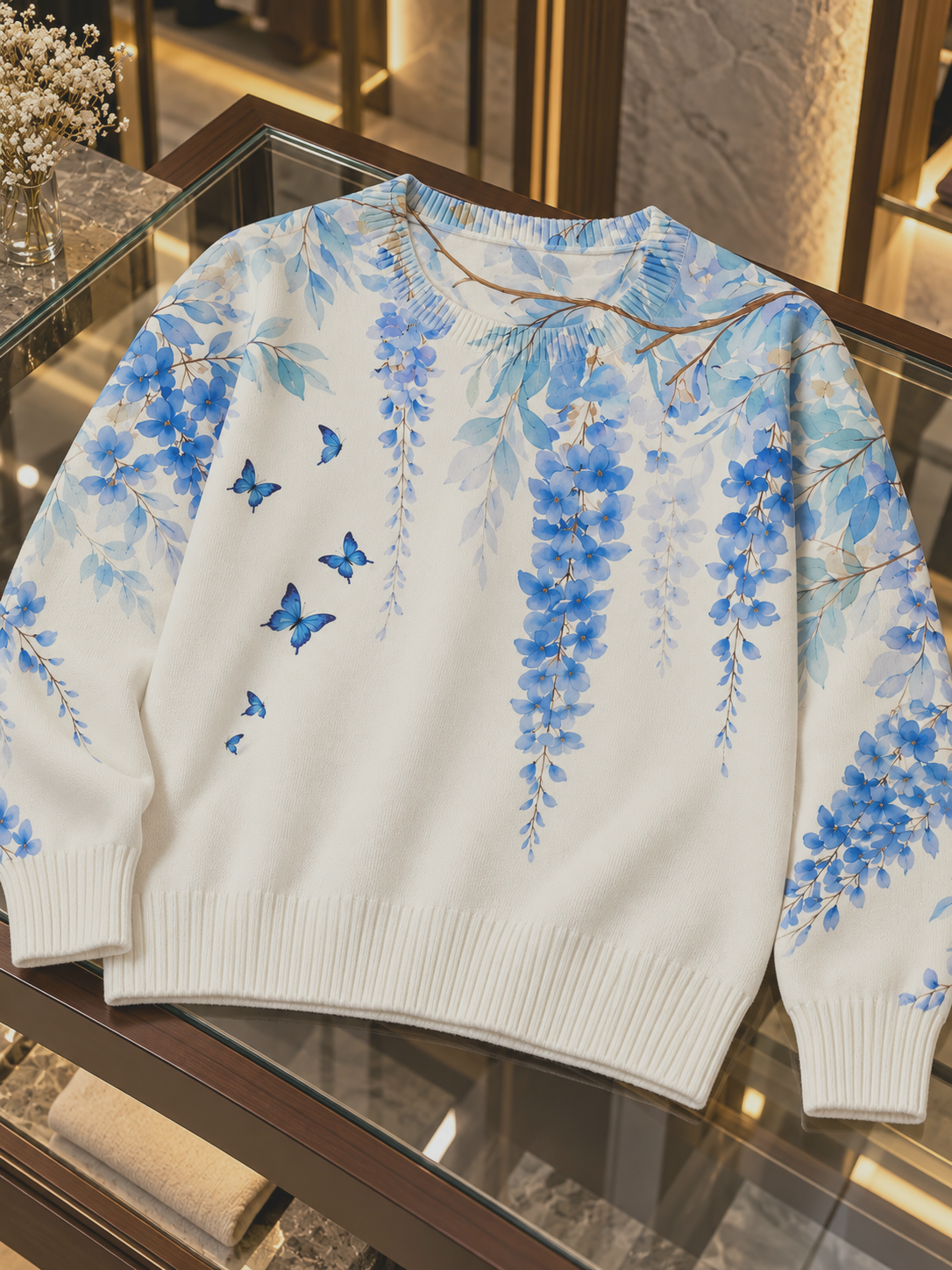 Close-up detail of white & blue wisteria butterfly women's sweater by Purple Imli