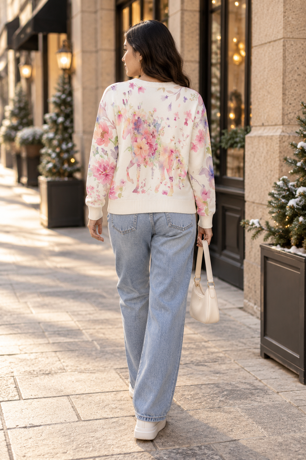White & Pink floral horse print women's sweater by Purple Imli – back view